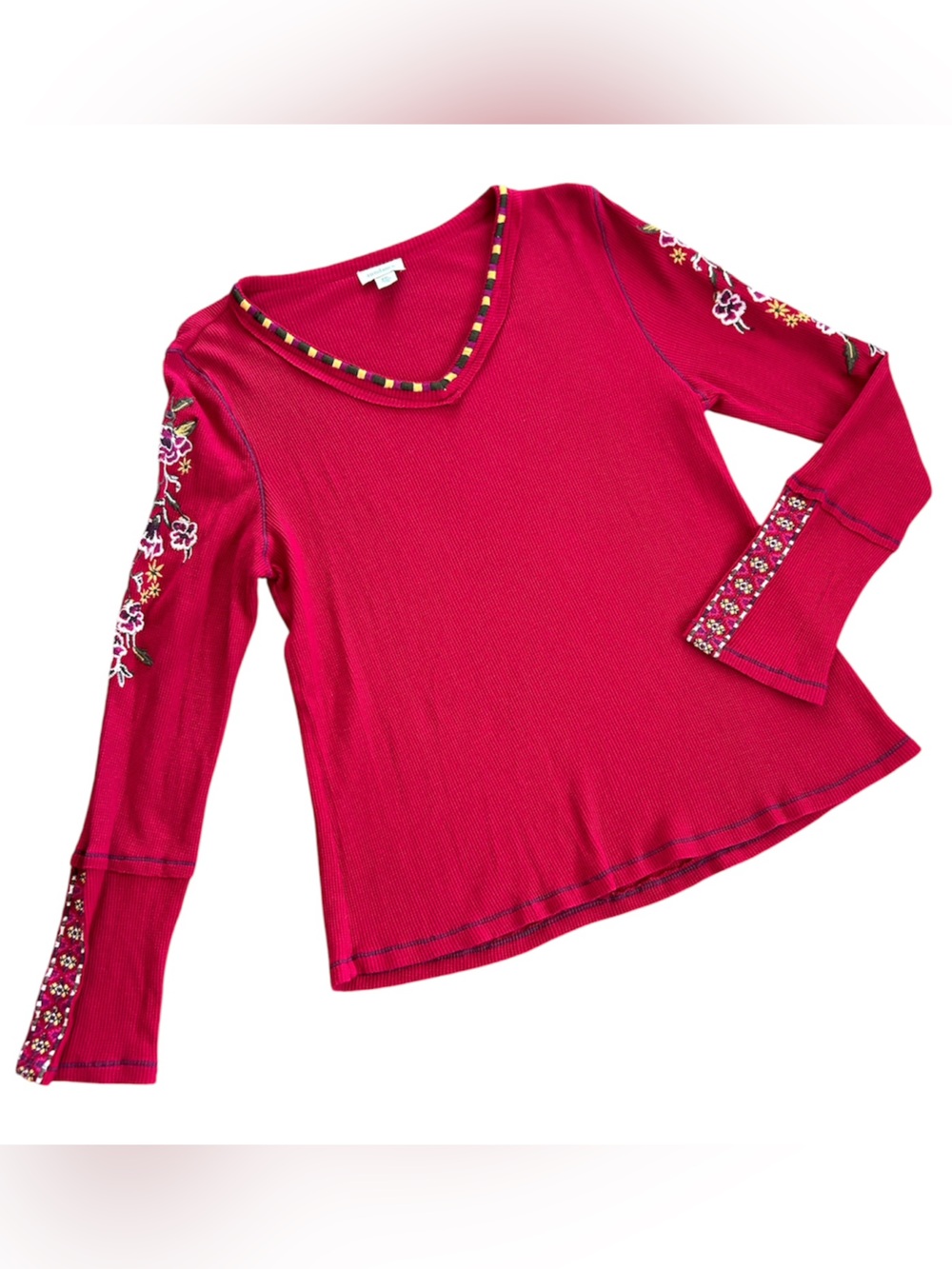 Sundance | Women’s Red Waffle Knit VNeck Embroidered Long Sleeve Thermal Top PXL